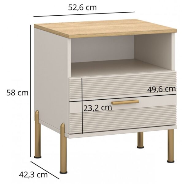 Rubenshafkaprilizhkova1sr800x800 globalmtc White bedside cabinet with an open shelf and two grooved drawers on gold legs wooden top visible dimensions shown 52 6 cm wide 58 cm high 42 3 cm deep globalmtc