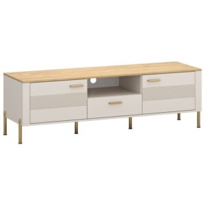 Long modern tv console with a natural wood top white body gold legs and handles and a central open shelf Globalmtc