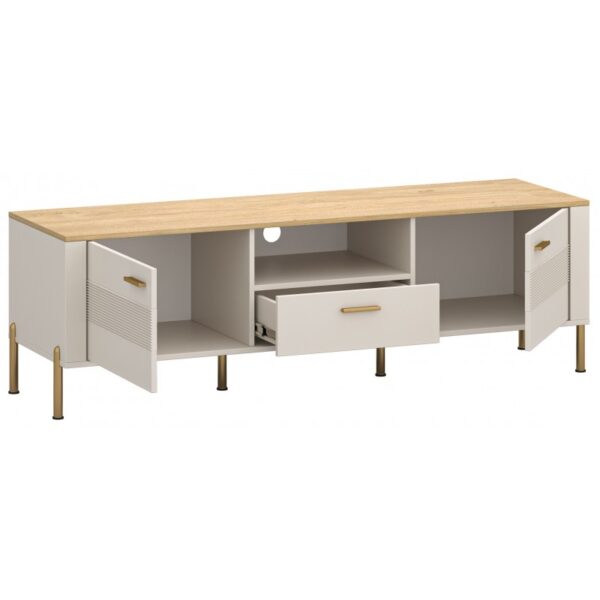 Rubenshafkatv2d1s02800x800 globalmtc White modern media console with a natural wood top open compartments in the center a pulled out drawer and brass legs for storage Globalmtc