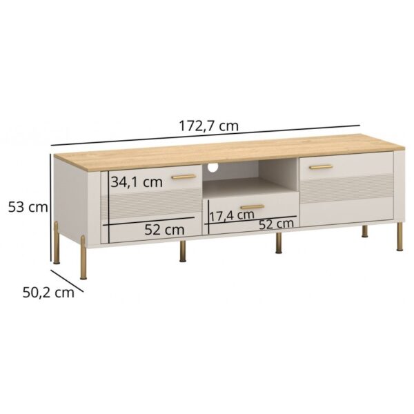 Rubenshafkatv2d1sr800x800 globalmtc White storage sideboard with a wood top gold legs and multiple drawers Two side cabinets flanking an open middle shelf plus bottom drawers Overall about 172 7 cm wide 53 cm high 50 2 cm deep includes labeled internal dimensions for compartments Globalmtc