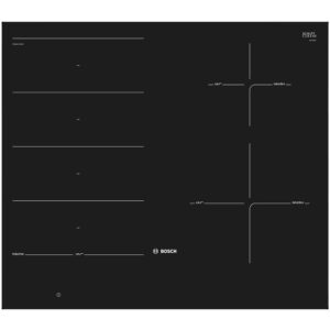 Black bosch induction cooktop with four left side cooking zones right side curved control lines bosch logo at bottom center Globalmtc