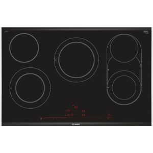 Bosch black induction cooktop with five circular cooking zones and red digital controls along the bottom edge  globalmtc