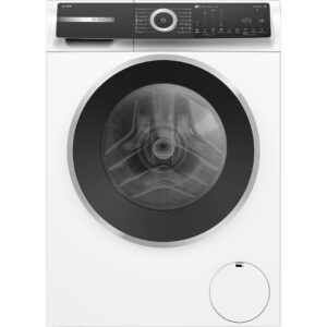 White front loading washing machine with a large circular door and black inner window control panel along the top edge above the door Globalmtc