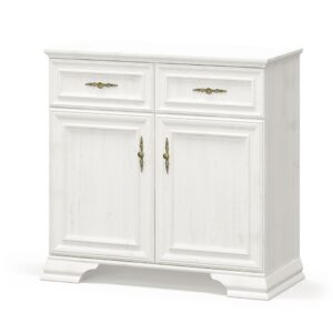 White wooden cabinet with two top drawers and two doors brass ornate handles decorative molding on a raised base Globalmtc