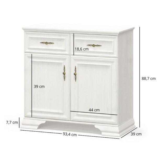 Komodadwudrzwiowaz2szufladamiiryssosnaander1 globalmtc White wooden sideboard with two drawers and two doors dimensions labeled width 93 4 cm height 88 7 cm depth 39 cm base 7 7 cm Globalmtc