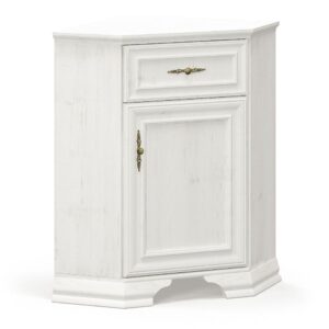 White wood cabinet with one drawer and a door, brass handles, standing on a decorative base side view.