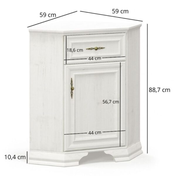 Komodanaroznajednodrzwiowazszufladairyssosna1 globalmtc White wooden storage cabinet with a top drawer and a larger bottom door overall height 88 7 cm width 44 cm base 10 4 cm tall Globalmtc