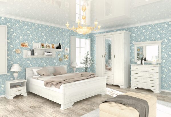 Komodaz4szufladamiiryssosnaanderson 1 globalmtc Bright bedroom with white distressed furniture crystal chandelier and blue floral wallpapered walls bathed in natural light Globalmtc