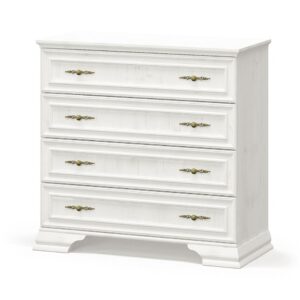 Komodaz4szufladamiiryssosnaanderson globalmtc White wooden dresser with five drawers ornate gold handles and a decorative base This antique style storage chest is white with a distressed finish Globalmtc