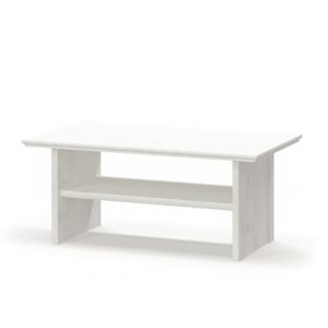 White wooden coffee table with lower shelf, simple rectangular design.
