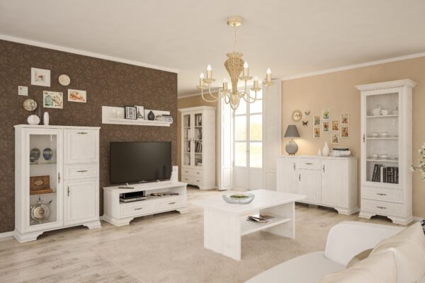 Lawazpolkairys120sosnaanderson globalmtc Living room interior with white vintage cabinets a central ornate chandelier and a beige walled sunlit space Globalmtc