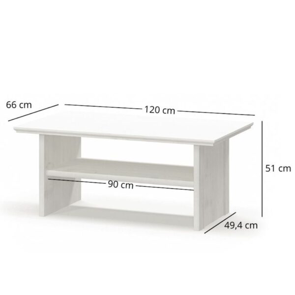 Lawazpolkairys120sosnaanderson1 globalmtc White rectangular coffee table with an open lower shelf dimensions shown 120 cm long 66 cm wide 51 cm high 49 4 cm deep lower shelf 90 cm long globalmtc
