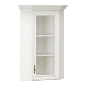 White framed wall cabinet with glass door, brass handle, and three interior shelves.