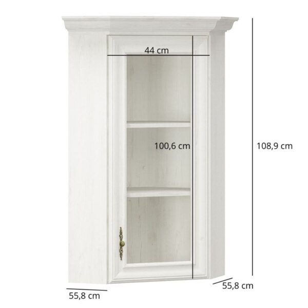 Nadstawkanaroznazwitrynairyssosnaanderson globalmtc White wall cabinet with a glass front door and interior shelves overall height 108 9 cm width 55 8 cm interior opening 44 cm wide Globalmtc