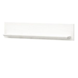 White wall-mounted floating shelf with a shallow front lip, set against a white backing panel.