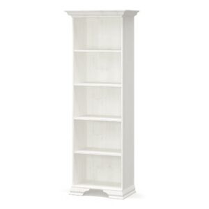 Tall white wooden bookcase with five open shelves and decorative base molding.