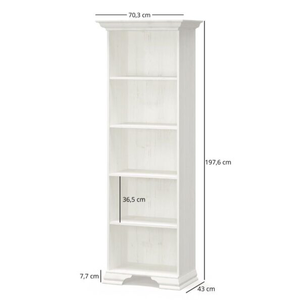 Regalotwartyiryssosnaanderson1 globalmtc Tall white wooden bookcase with crown molding six shelves and decorative base dimensions 197 6 cm tall 70 3 cm wide 43 cm deep Globalmtc