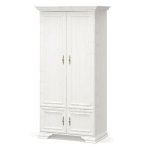 White freestanding wardrobe with two tall paneled doors and two bottom drawers, brass handles, decorative molding, on a base.