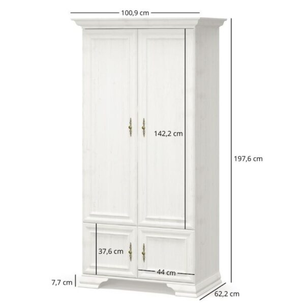 Szafaczterodrzwiowairyssosnaanderson1 globalmtc White wooden wardrobe with double upper doors and two lower drawers overall 197 6 cm tall 100 9 cm wide 62 2 cm deep Globalmtc