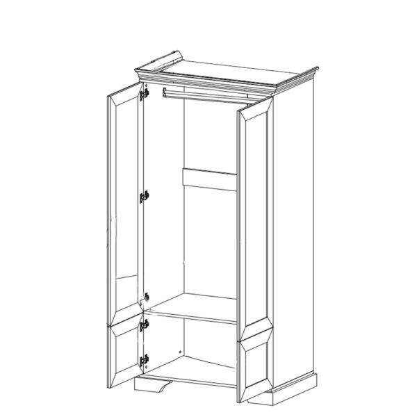 Szafaczterodrzwiowairyssosnaanderson2 globalmtc Line drawing of a tall wardrobe with two open doors hanging rod in the upper interior and a middle shelf Globalmtc