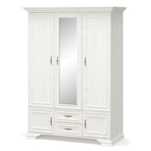 White wooden wardrobe with a full-length central mirror, gold-toned handles, and two lower drawers in a classic design.