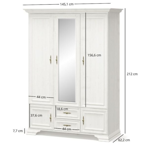 Szafapieciodrzwiowaz2szufladamiiryssosnaand1 globalmtc White wardrobe with a full length mirror on the central door two outer doors and drawers overall 145 1 cm wide 212 cm high 62 2 cm deep Globalmtc