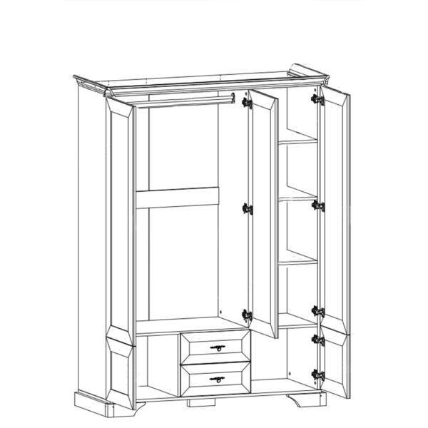 Szafapieciodrzwiowaz2szufladamiiryssosnaand2 globalmtc Line drawing of a freestanding wardrobe with open doors showing a hanging rail central space shelves on the right and several drawers at the bottom leftright side surfaces Globalmtc