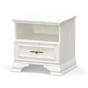 White wooden nightstand with an open shelf above a single decorative brass-knob drawer and a carved base.