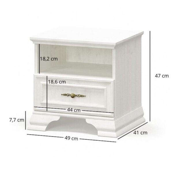 Szafkanocnazszufladairyssosnaanderson1 globalmtc White wooden nightstand with an open upper shelf and a single brass handle drawer overall size about 49 cm wide × 41 cm deep × 47 cm high Globalmtc