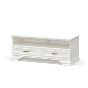 White wooden entertainment console with two drawers and an open shelf for media devices