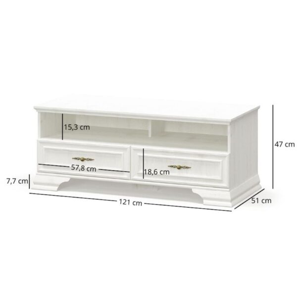 Szafkartvz2szufladamiiryssosnaanderson1 globalmtc White wooden media console with two drawers and open shelf 121 cm wide 51 cm deep 47 cm tall decorative base with brass handles on drawers Globalmtc
