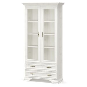 White wooden display cabinet with glass doors and three drawers brass handles standing on a molded base Globalmtc