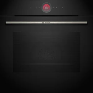 Control panel with a highlighted circular 'Heating Modes' selector above a metal Bosch rod handle, dark kitchen appliance interior.