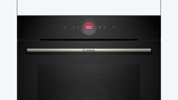 Sleek black oven with a silver bosch handle and a circular touch control panel showing heating modes Globalmtc
