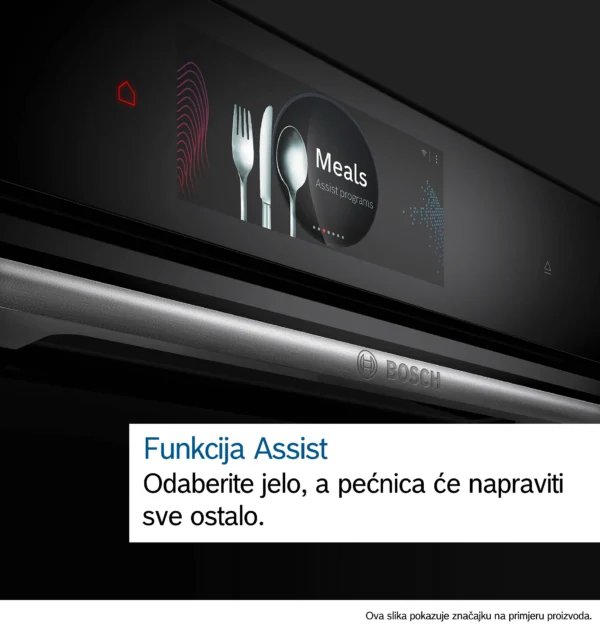 Bosch ad showing the funkcija assist feature with utensils image and slogan odaberite jelo a pećnica će pripaviti sve ostalo  globalmtc
