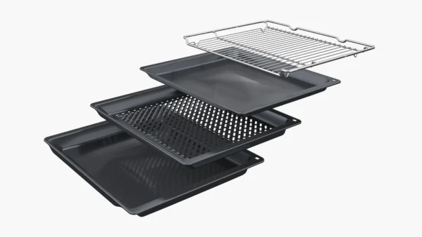 Layered oven racks and baking pans a chrome wire rack above a solid sheet pan and perforated tray in a staggered stack  globalmtc