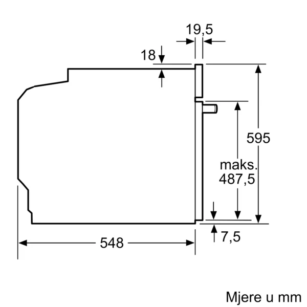 Side view of a technical drawing showing a stepped component with a vertical slot and dimension arrows bottom width is labeled 548 mm with other millimeter measurements and the text mjerne u mm indicating units Globalmtc