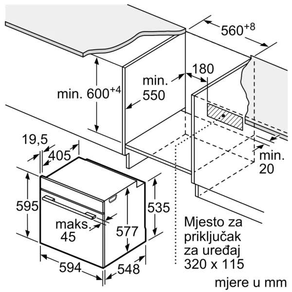 Isometric technical diagram showing a furniture niche with dimensioned openings for an appliance and mounting space with mm measurements Globalmtc