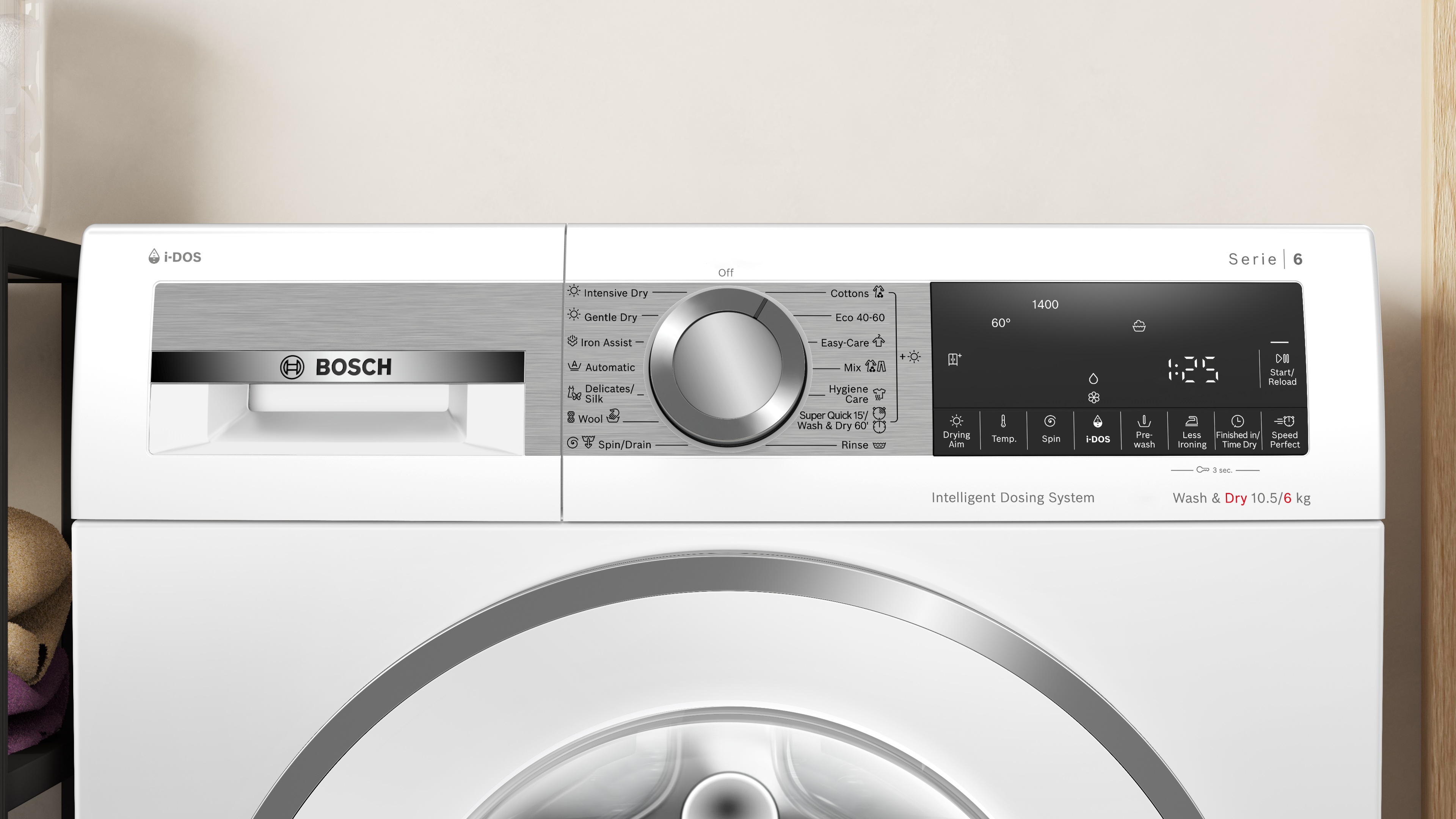 Bosch i dos washing machine control panel with central dial and digital display showing cottoneco options and 60°c setting series 6  globalmtc