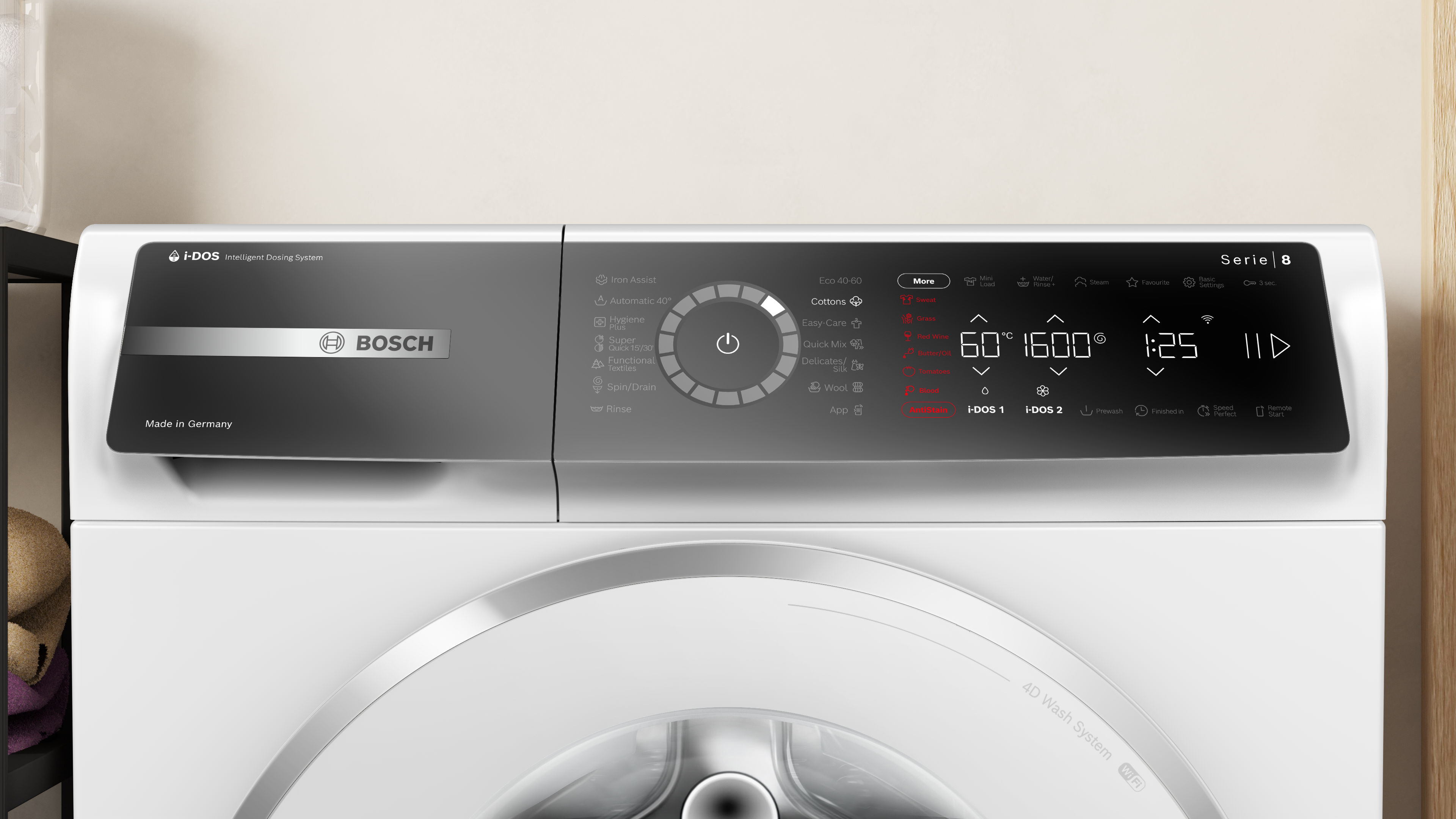 Bosch front loading washing machine with i dos control panel on top surface  globalmtc