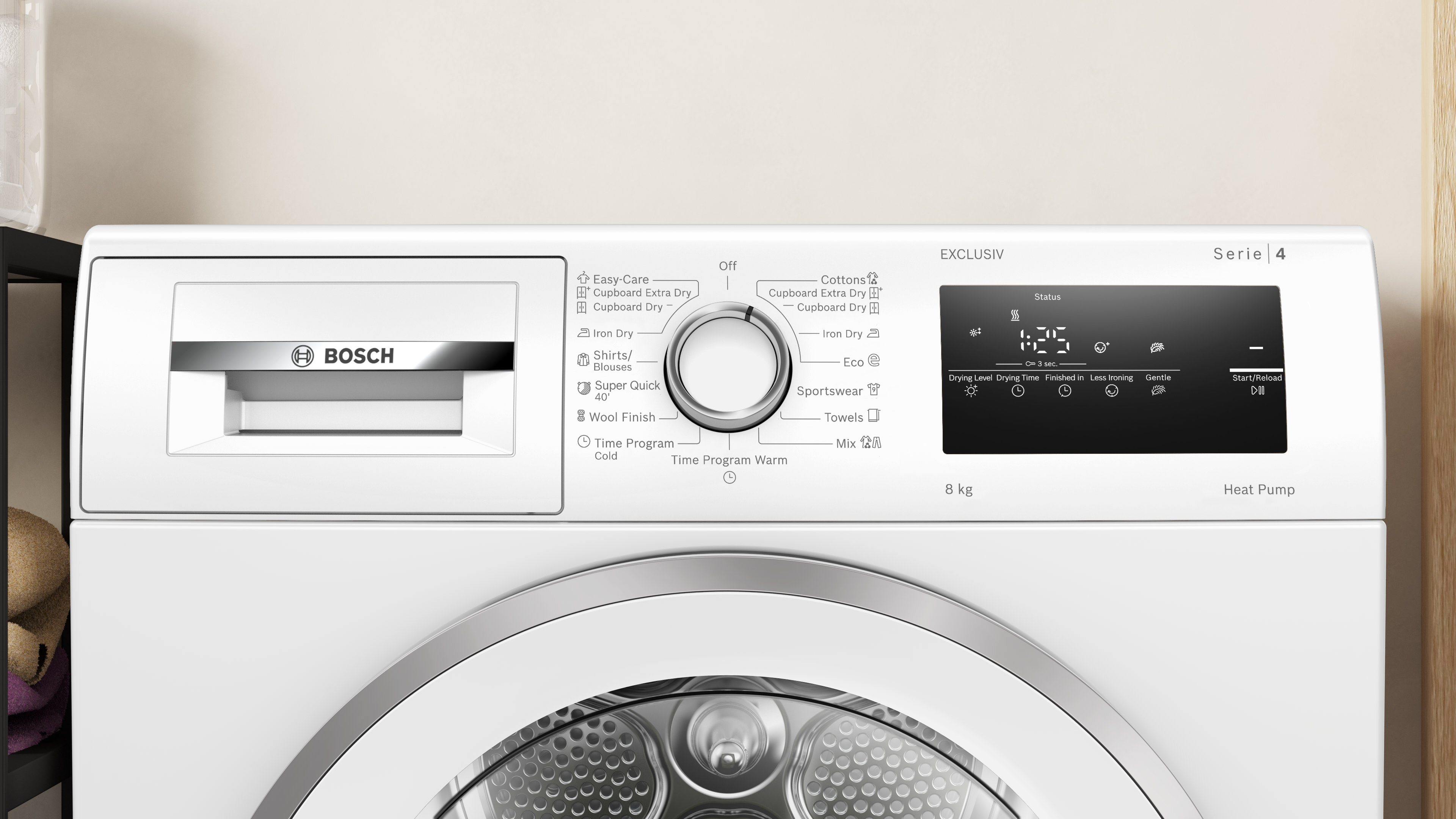 Front view of a Bosch washing machine showing the control dial, detergent drawer, and digital status display labeled EXCLUSIV Serie 4 (8 kg).