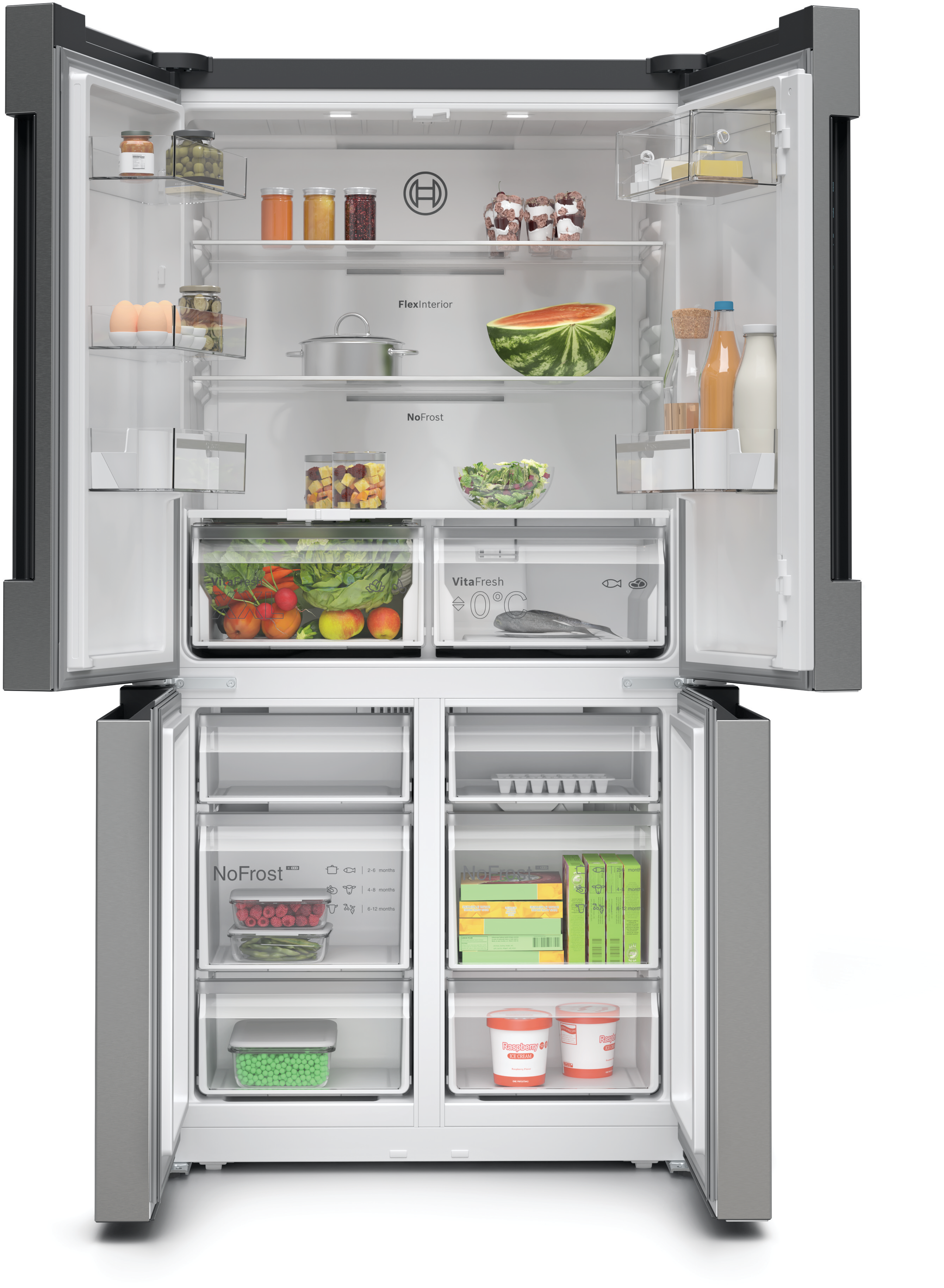 Open refrigerator with organized shelves displaying jars eggs watermelon half salad and beverages inside a modern stainless steel unit Globalmtc