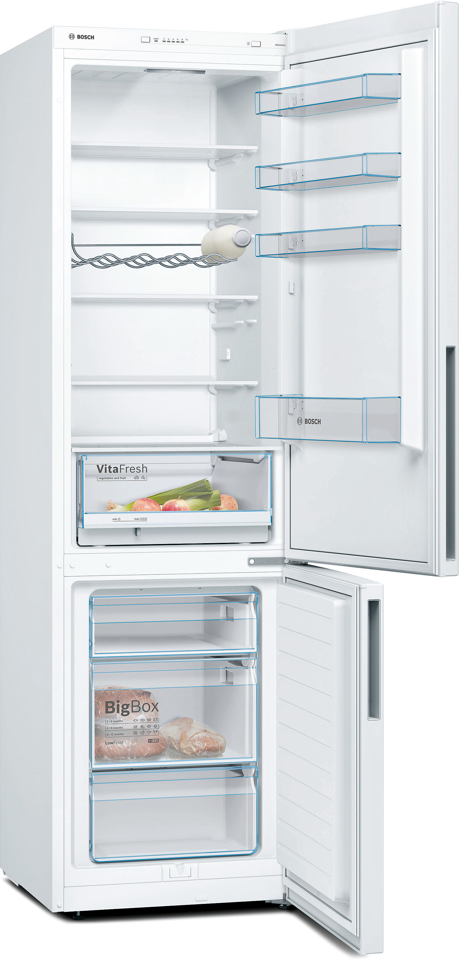 Bosch refrigerator with open door showing multiple shelves door racks and bottom freezer drawers filled with groceries  globalmtc