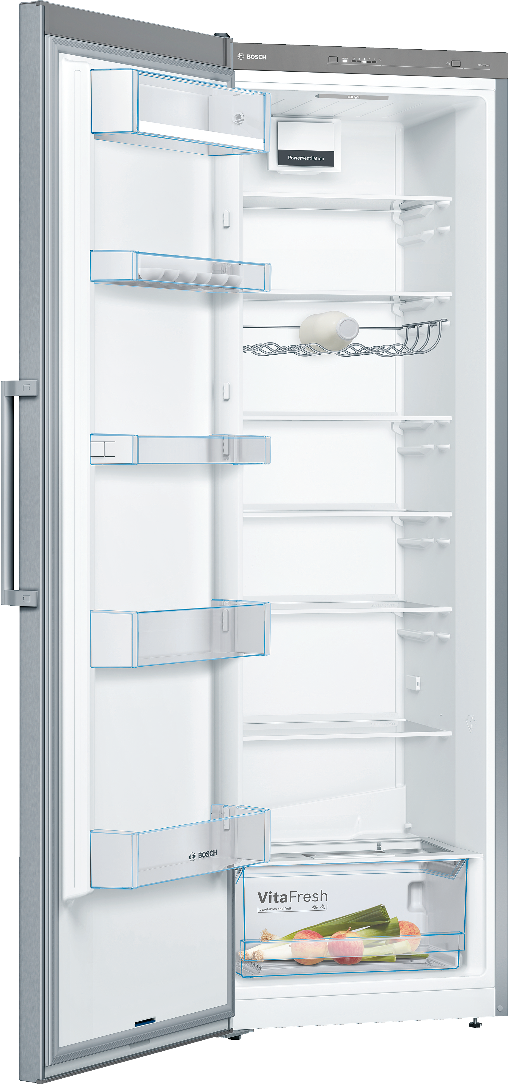 Open bosch vitafresh fridge several glass shelves door bins a crisper drawer and bottom freezer Globalmtc