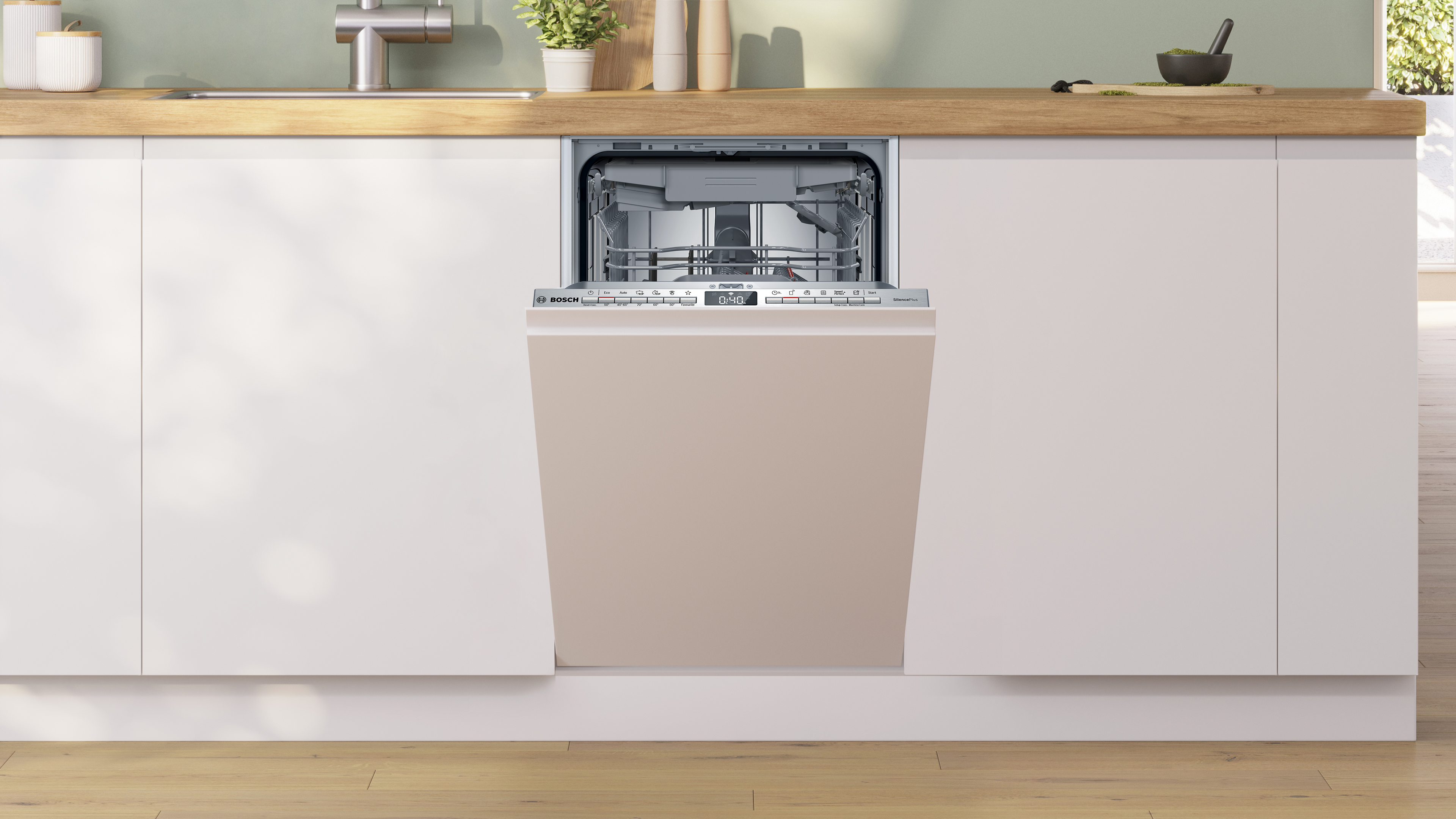 Open bosch dishwasher in a modern kitchen with a wood countertop and white cabinets interior racks visible and control panel at the top edge Globalmtc