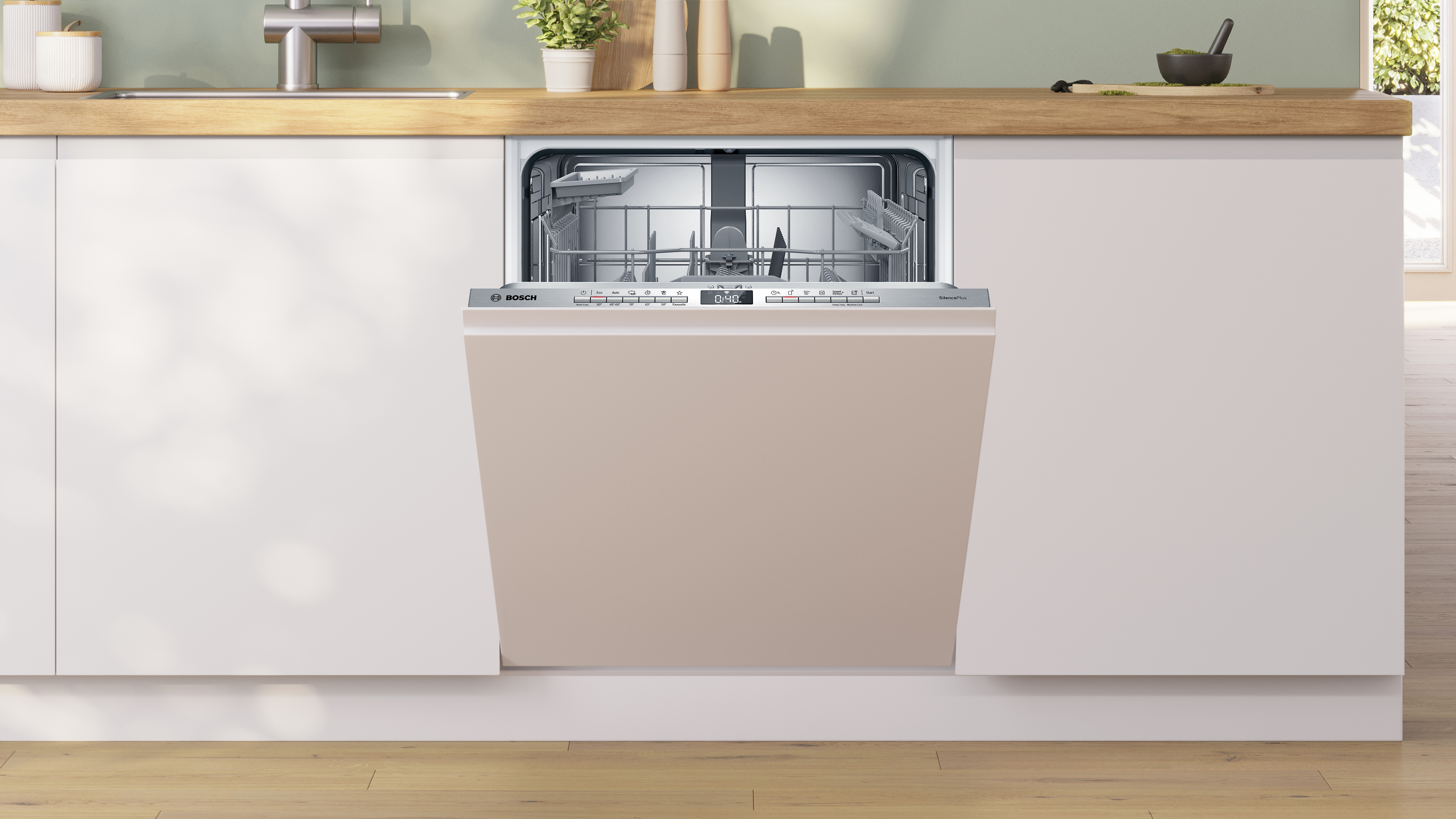 Open bosch dishwasher in a modern kitchen with a wooden countertop and sink to the left racks visible inside Globalmtc
