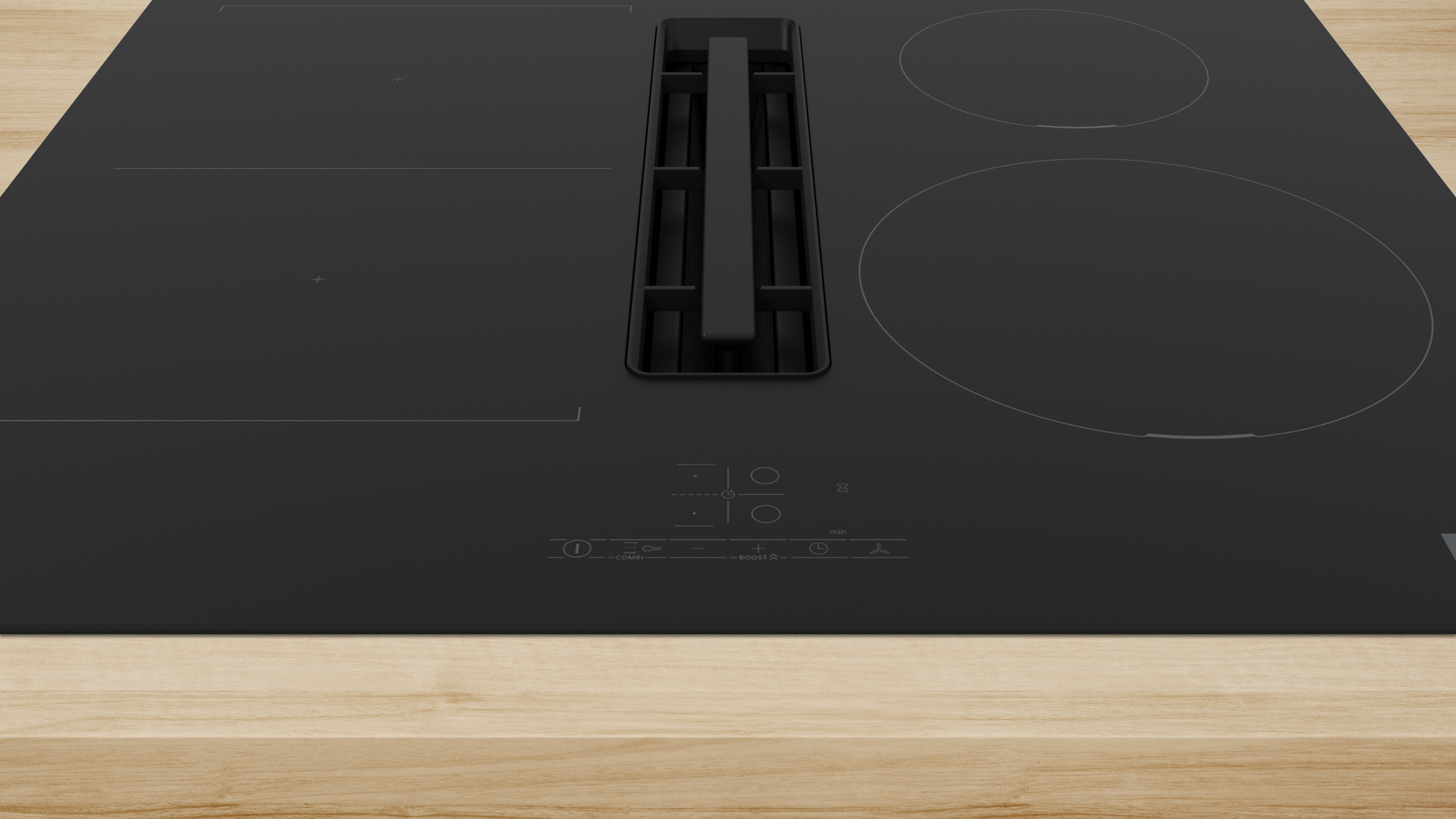 602234 globalmtc Black glass induction cooktop with circular cooking zones and a central downdraft vent grille in the middle Globalmtc