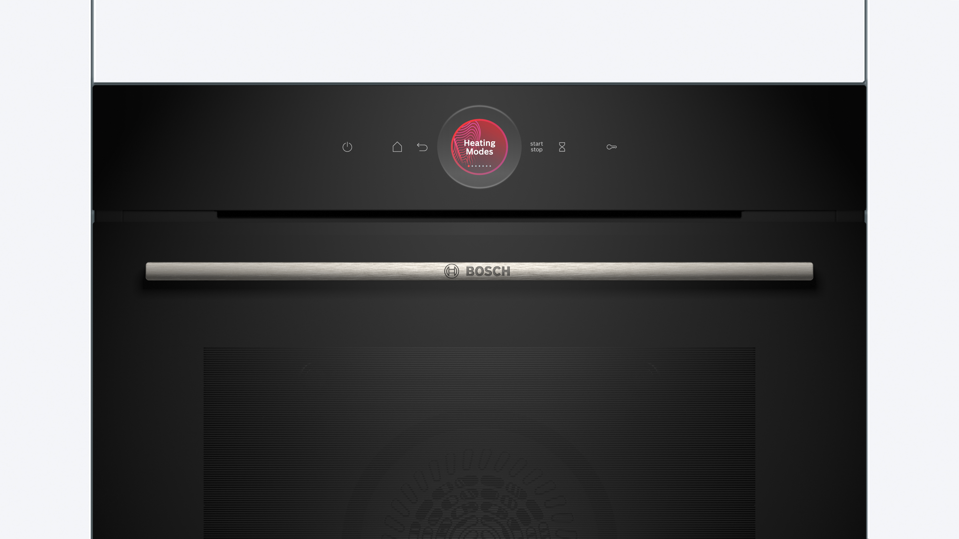 Oven front with a circular heating modes selector labeled heating modes and a brushed bosch handle below the door Globalmtc
