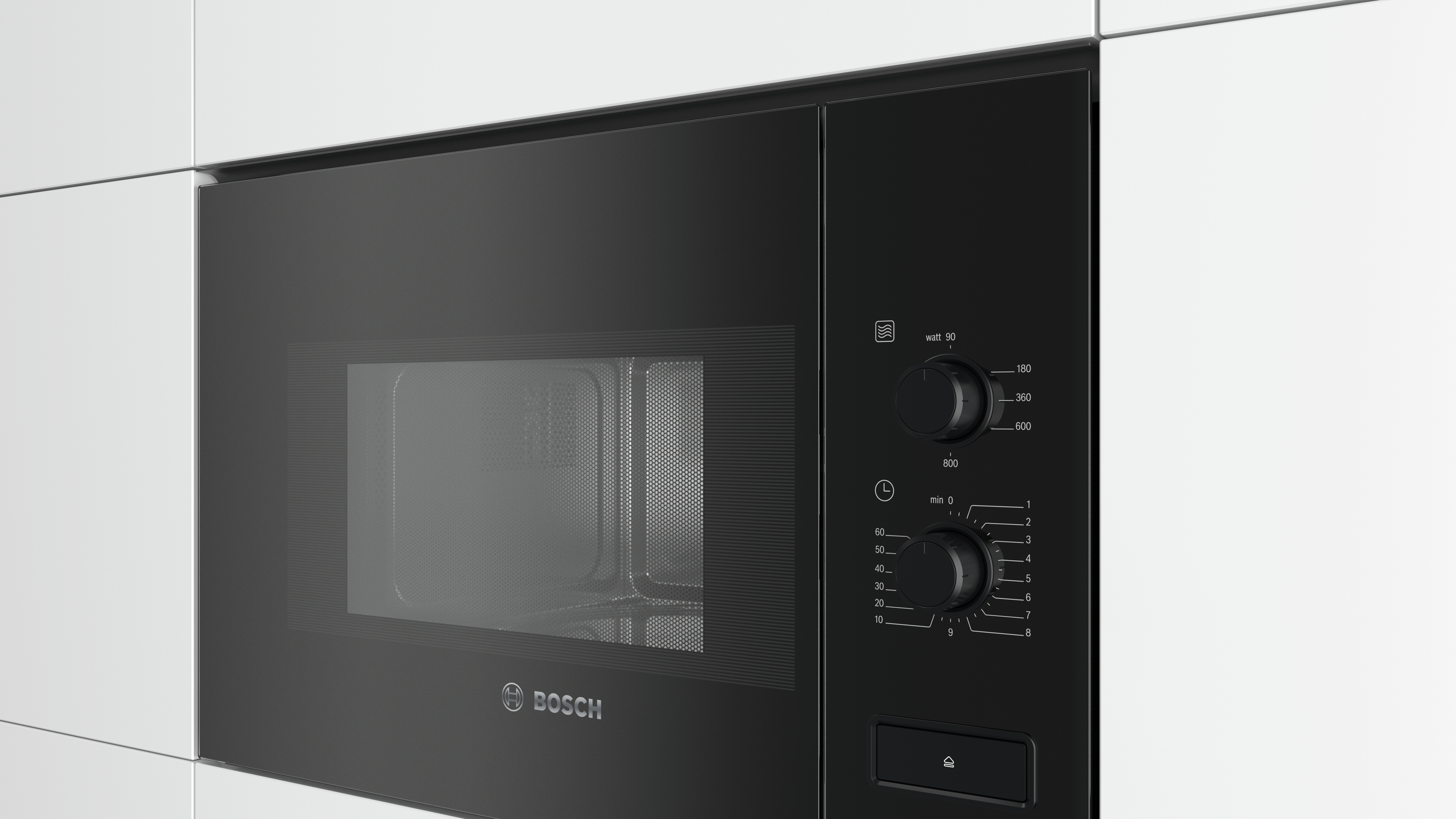 605019 globalmtc Built in bosch oven with dark glass door and right side control panel featuring temperature and time dials on a sleek white kitchen wall Globalmtc